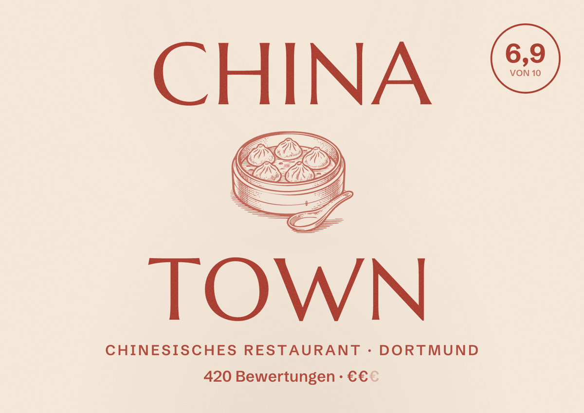 Illustriertes Poster von China Town, Chinesisches Restaurant in Dortmund: Bewertung 6,9 von 10 aus 420 Bewertungen, Preisniveau €€