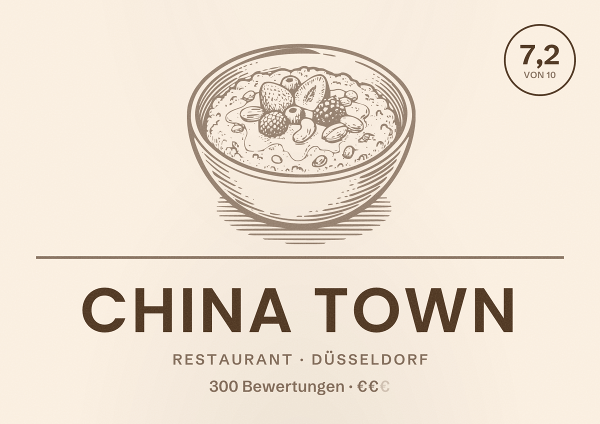 Illustriertes Poster von China Town, Restaurant in Düsseldorf: Bewertung 7,2 von 10 aus 300 Bewertungen, Preisniveau €€