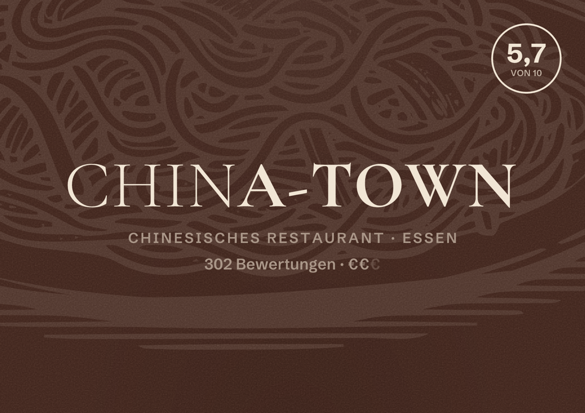 Illustriertes Poster von China-Town, Chinesisches Restaurant in Essen: Bewertung 5,7 von 10 aus 302 Bewertungen, Preisniveau €€