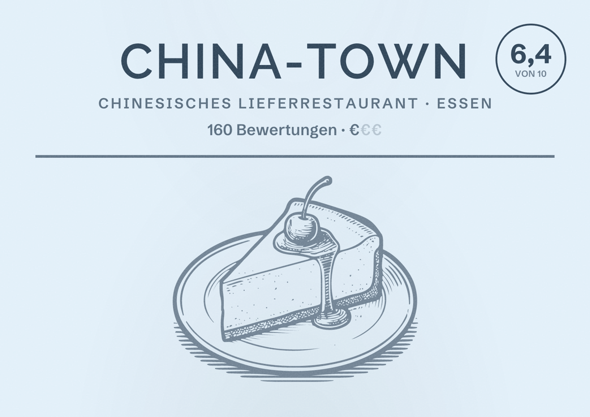 Illustriertes Poster von China-Town, Chinesisches Lieferrestaurant in Essen: Bewertung 6,4 von 10 aus 160 Bewertungen, Preisniveau €