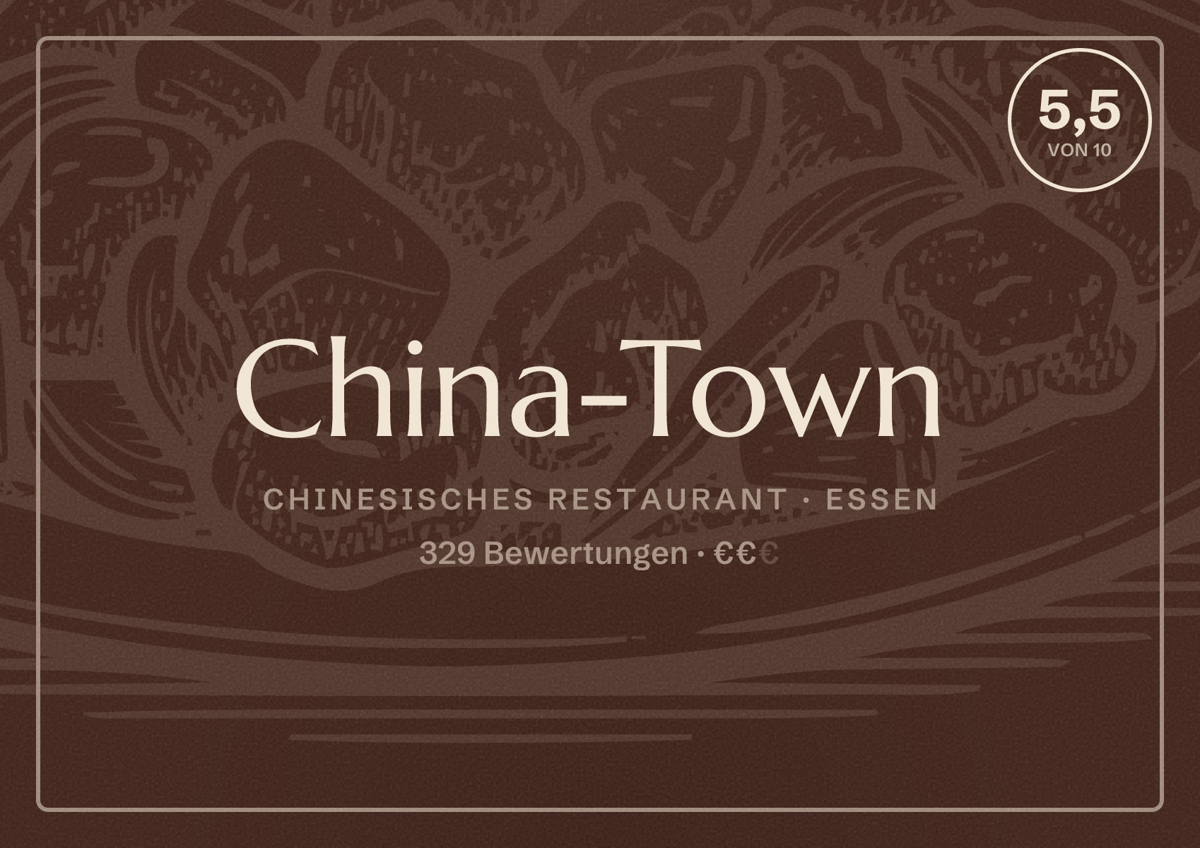 Illustriertes Poster von China-Town, Chinesisches Restaurant in Essen: Bewertung 5,5 von 10 aus 329 Bewertungen, Preisniveau €€
