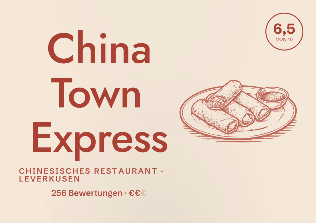 Illustriertes Poster von China Town Express, Chinesisches Restaurant in Leverkusen: Bewertung 6,5 von 10 aus 256 Bewertungen, Preisniveau €€