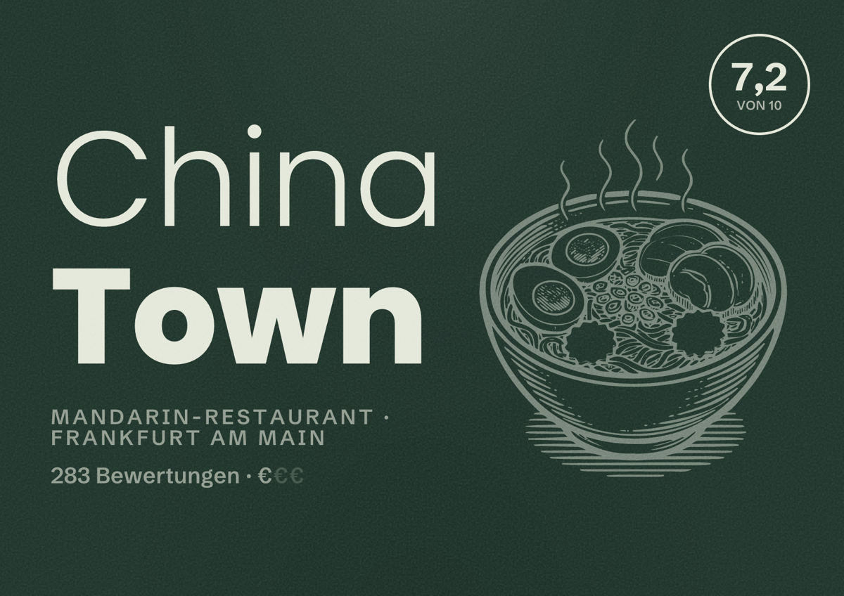 Illustriertes Poster von China Town, Mandarin-Restaurant in Frankfurt am Main: Bewertung 7,2 von 10 aus 283 Bewertungen, Preisniveau €