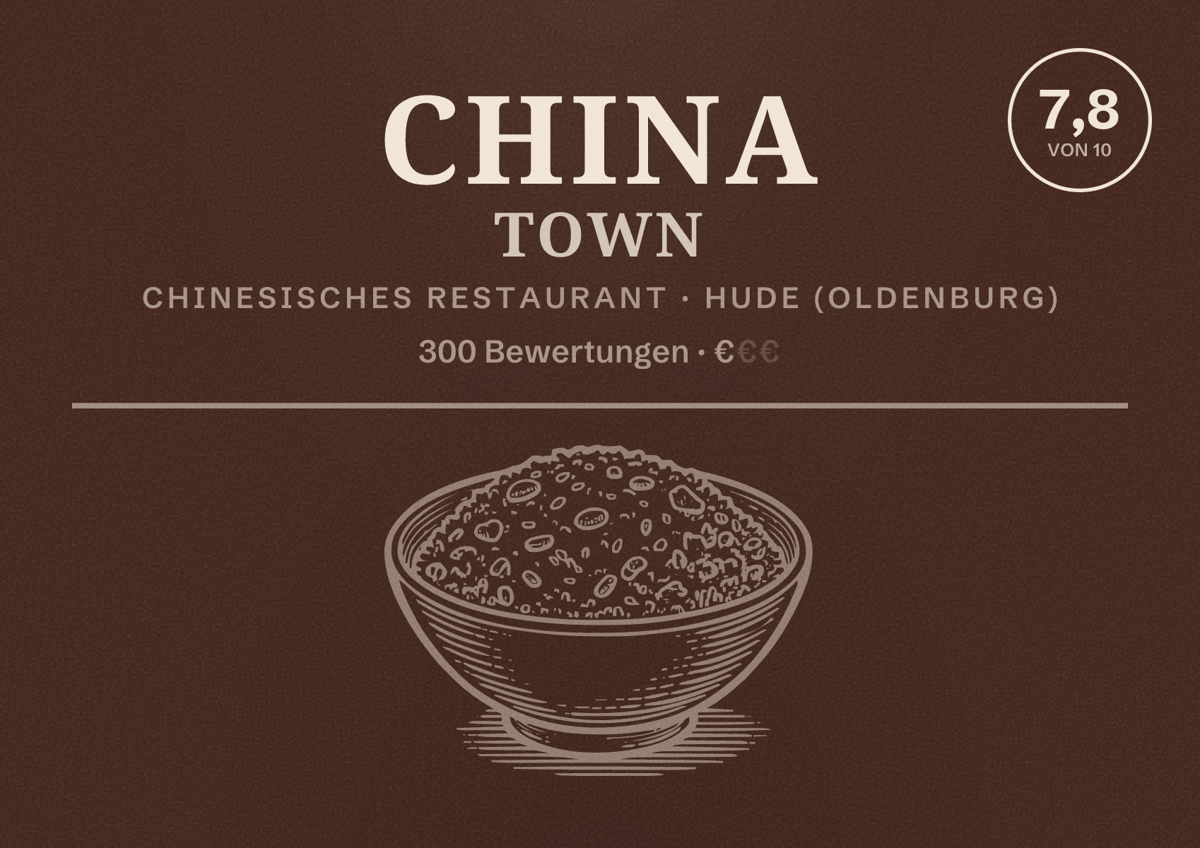 Illustriertes Poster von China Town, Chinesisches Restaurant in Hude (Oldenburg): Bewertung 7,8 von 10 aus 300 Bewertungen, Preisniveau €
