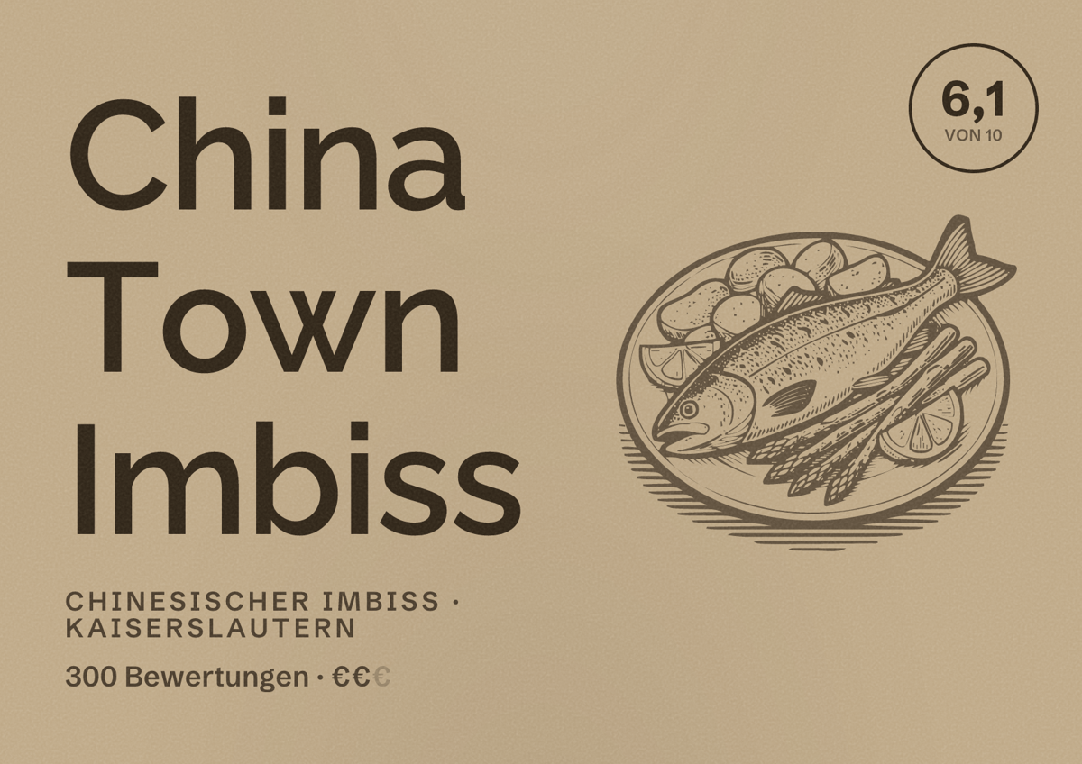 Illustriertes Poster von China Town Imbiss, Chinesischer Imbiss in Kaiserslautern: Bewertung 6,1 von 10 aus 300 Bewertungen, Preisniveau €€