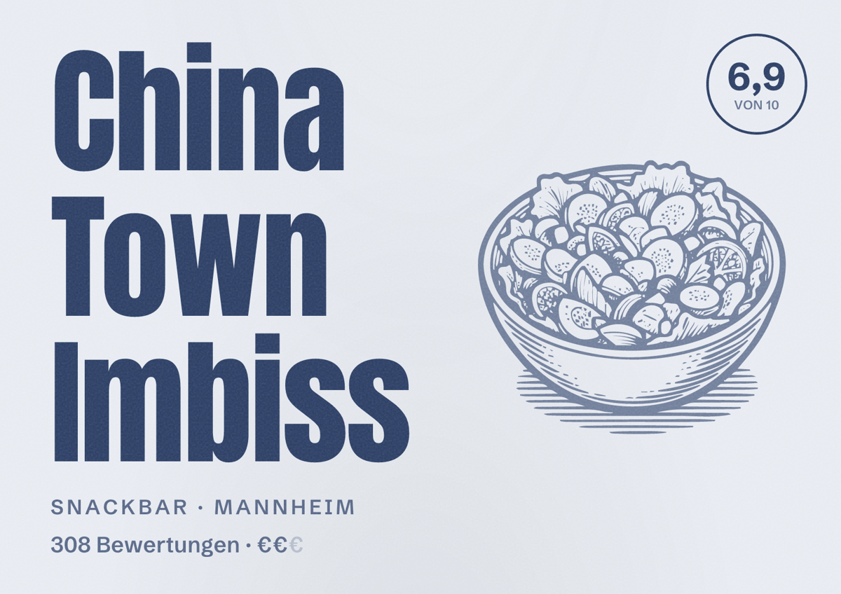 Illustriertes Poster von China Town Imbiss, Snackbar in Mannheim: Bewertung 6,9 von 10 aus 308 Bewertungen, Preisniveau €€