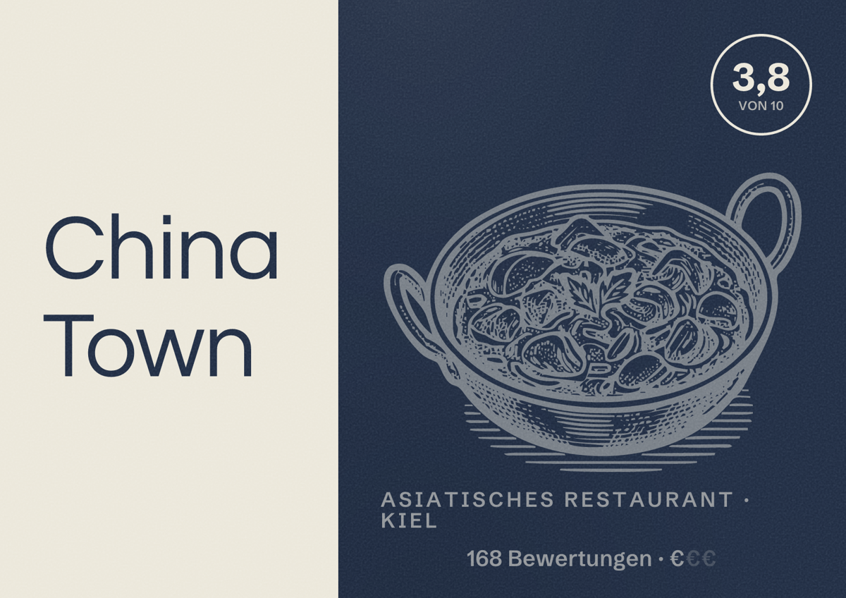 Illustriertes Poster von China Town, Asiatisches Restaurant in Kiel: Bewertung 3,8 von 10 aus 168 Bewertungen, Preisniveau €