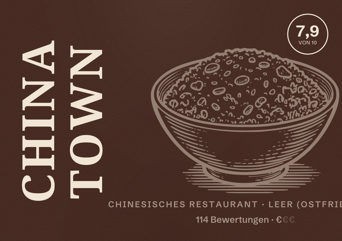 Illustriertes Poster von China Town, Chinesisches Restaurant in Leer (Ostfriesland): Bewertung 7,9 von 10 aus 114 Bewertungen, Preisniveau €