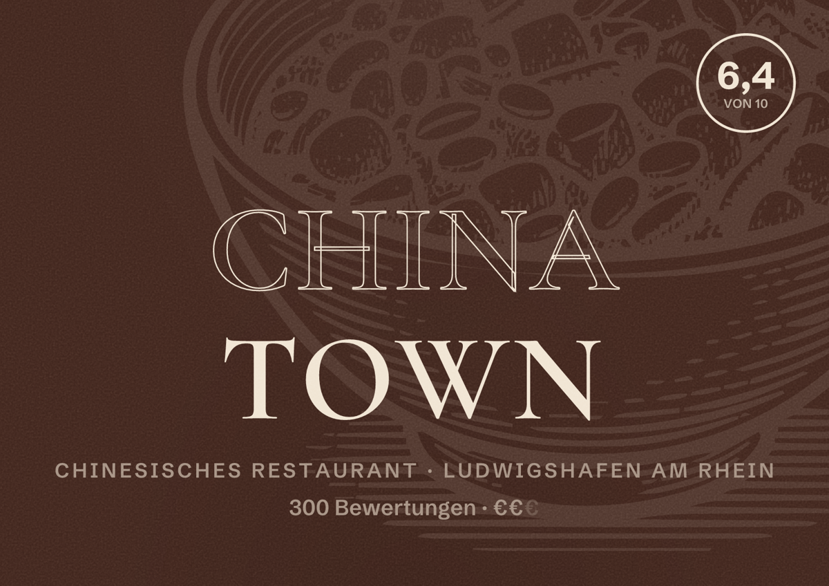 Illustriertes Poster von China Town, Chinesisches Restaurant in Ludwigshafen am Rhein: Bewertung 6,4 von 10 aus 300 Bewertungen, Preisniveau €€