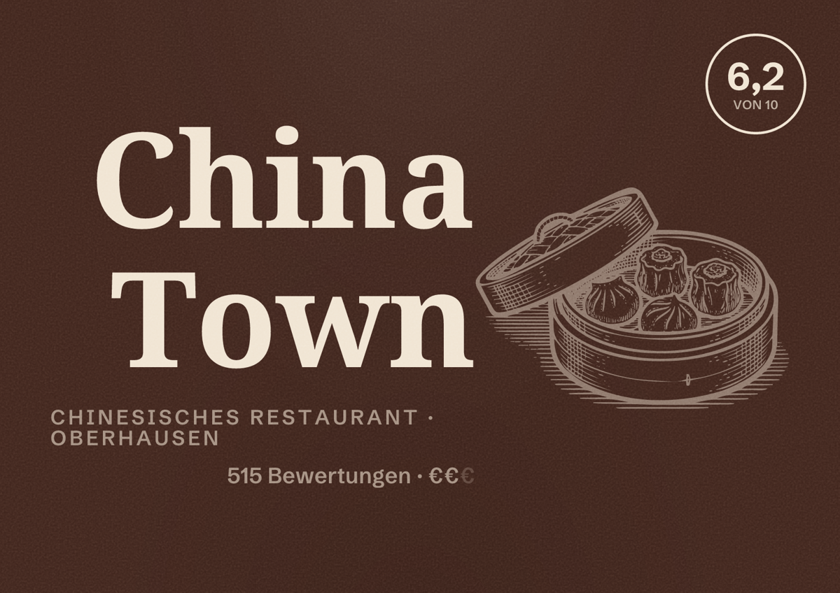 Illustriertes Poster von China Town, Chinesisches Restaurant in Oberhausen: Bewertung 6,2 von 10 aus 515 Bewertungen, Preisniveau €€