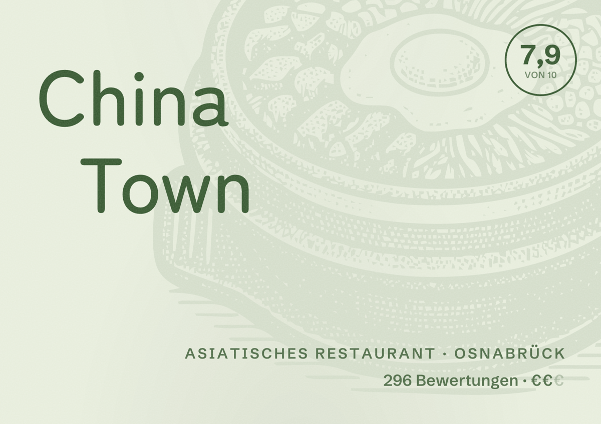 Illustriertes Poster von China Town, Asiatisches Restaurant in Osnabrück: Bewertung 7,9 von 10 aus 296 Bewertungen, Preisniveau €€