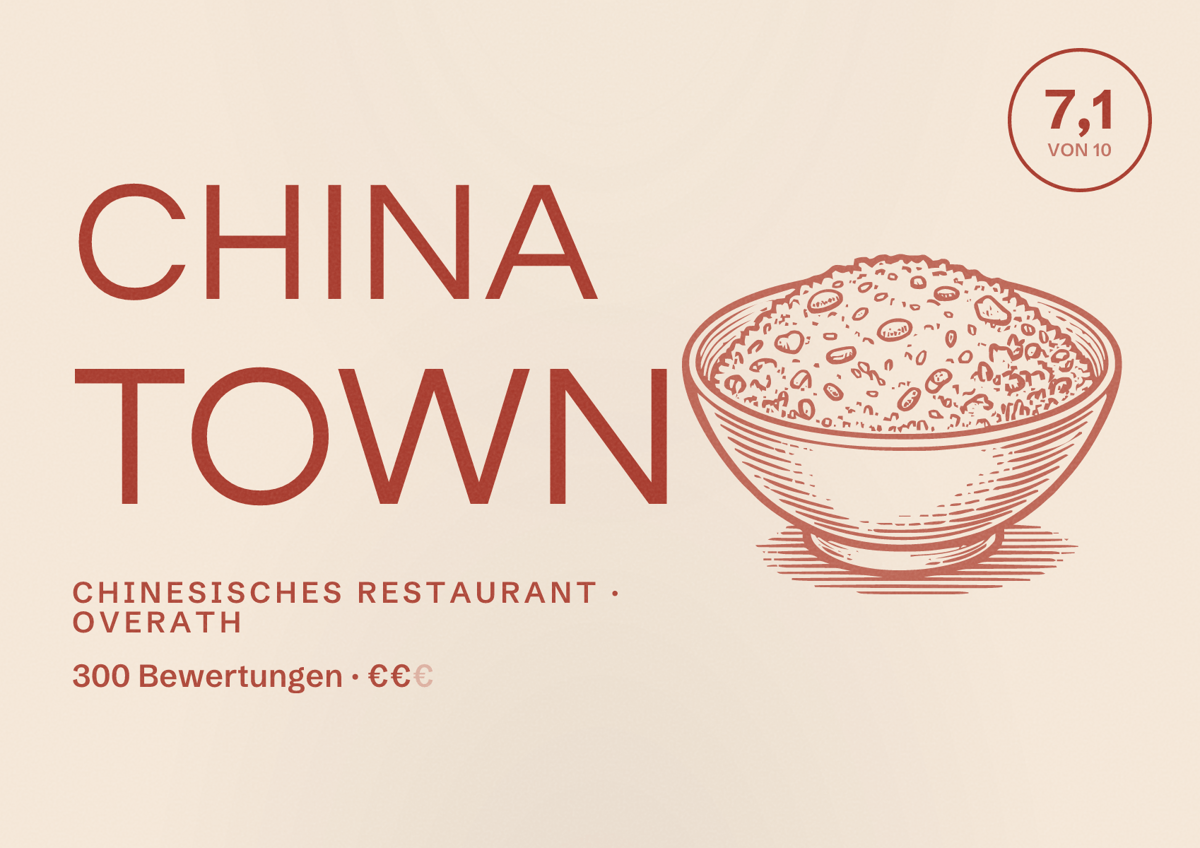 Illustriertes Poster von China Town, Chinesisches Restaurant in Overath: Bewertung 7,1 von 10 aus 300 Bewertungen, Preisniveau €€
