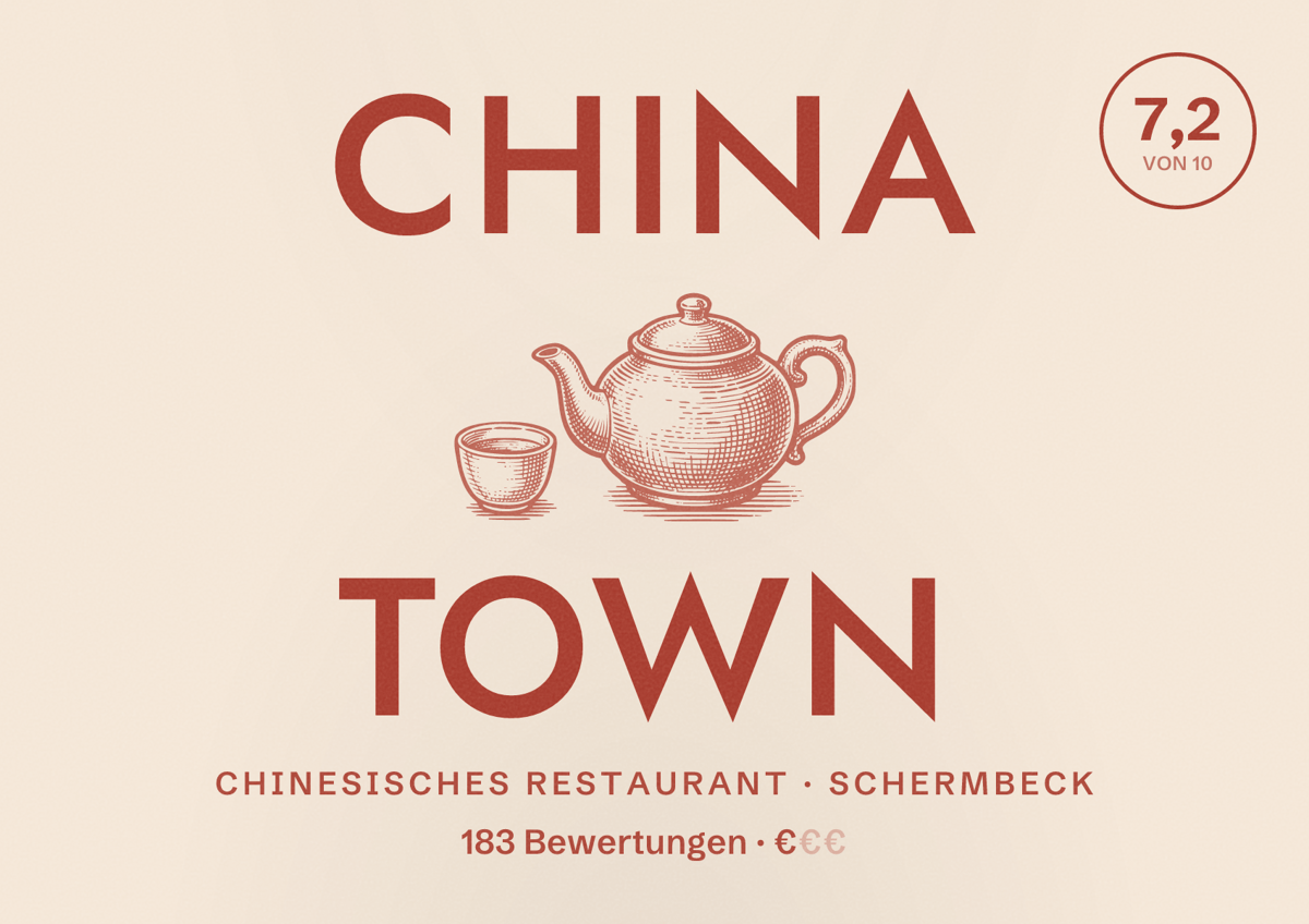 Illustriertes Poster von China Town, Chinesisches Restaurant in Schermbeck: Bewertung 7,2 von 10 aus 183 Bewertungen, Preisniveau €