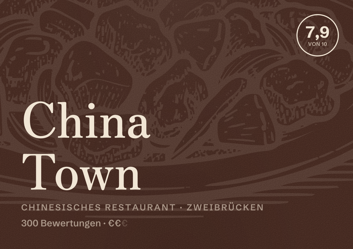 Illustriertes Poster von China Town, Chinesisches Restaurant in Zweibrücken: Bewertung 7,9 von 10 aus 300 Bewertungen, Preisniveau €€