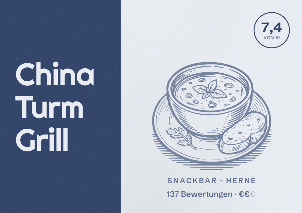 Illustriertes Poster von China Turm Grill, Snackbar in Herne: Bewertung 7,4 von 10 aus 137 Bewertungen, Preisniveau €€