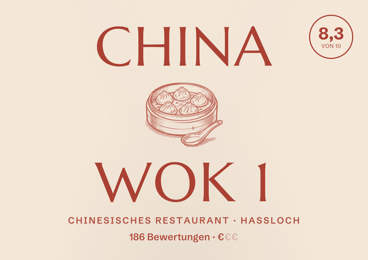 Illustriertes Poster von China Wok 1, Chinesisches Restaurant in Haßloch: Bewertung 8,3 von 10 aus 186 Bewertungen, Preisniveau €