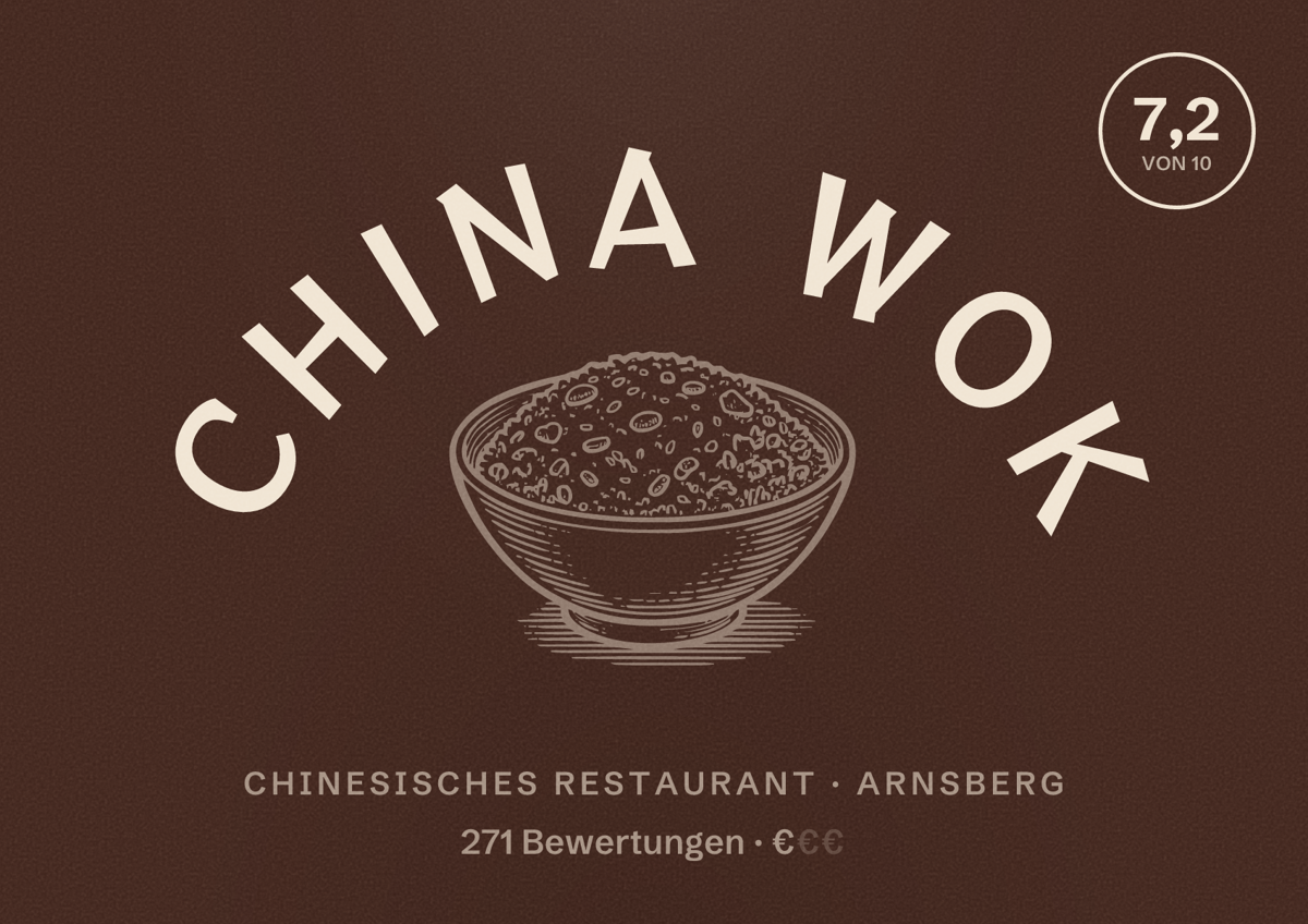 Illustriertes Poster von China Wok, Chinesisches Restaurant in Arnsberg: Bewertung 7,2 von 10 aus 271 Bewertungen, Preisniveau €