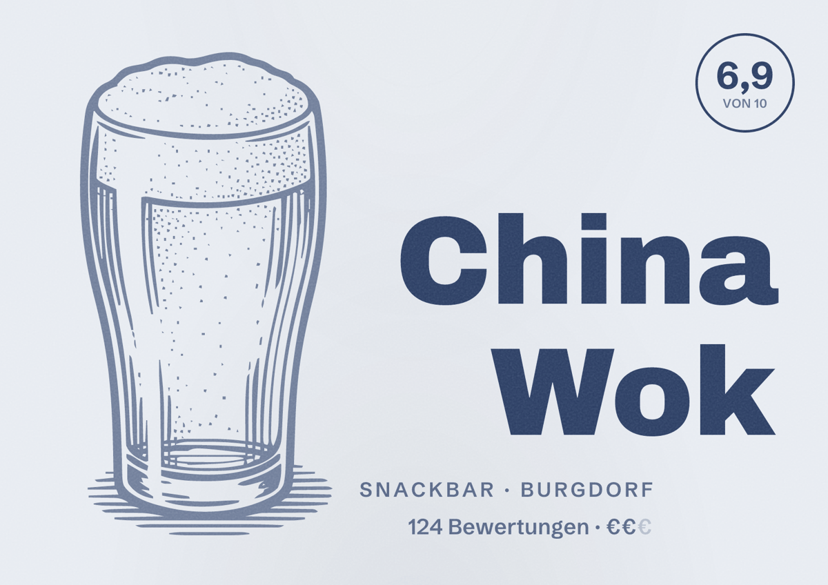 Illustriertes Poster von China Wok, Snackbar in Burgdorf: Bewertung 6,9 von 10 aus 124 Bewertungen, Preisniveau €€