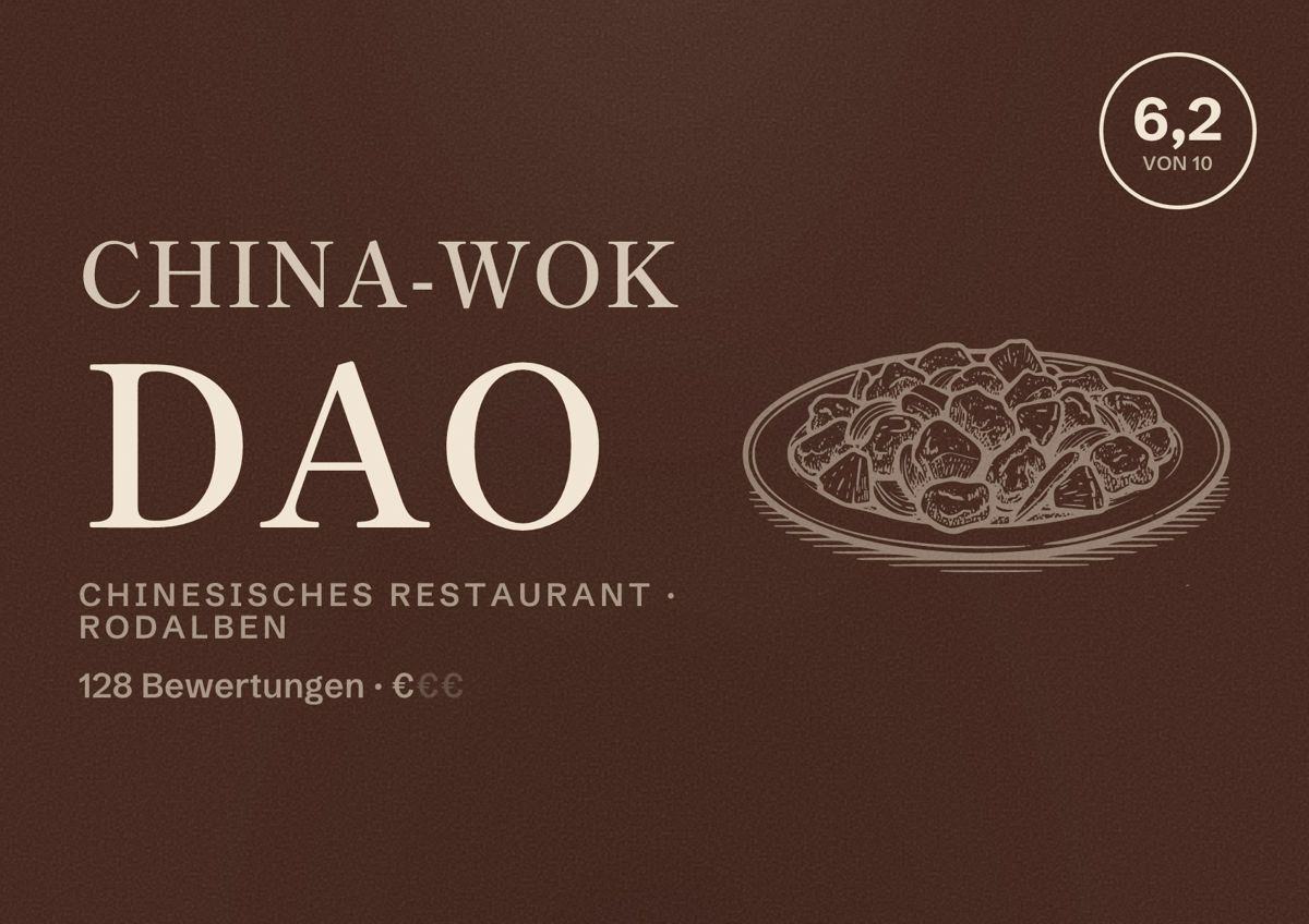 Illustriertes Poster von China-Wok Dao, Chinesisches Restaurant in Rodalben: Bewertung 6,2 von 10 aus 128 Bewertungen, Preisniveau €