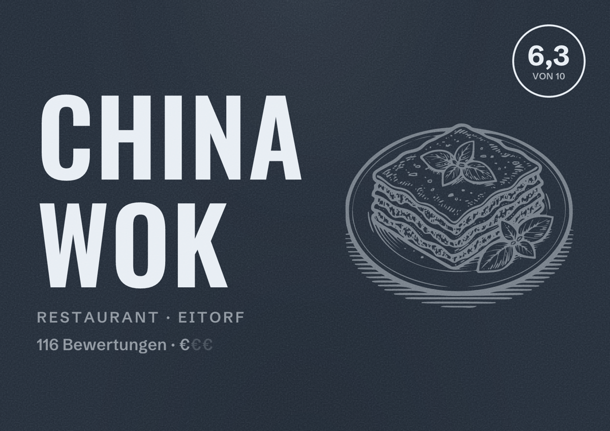 Illustriertes Poster von China Wok, Restaurant in Eitorf: Bewertung 6,3 von 10 aus 116 Bewertungen, Preisniveau €