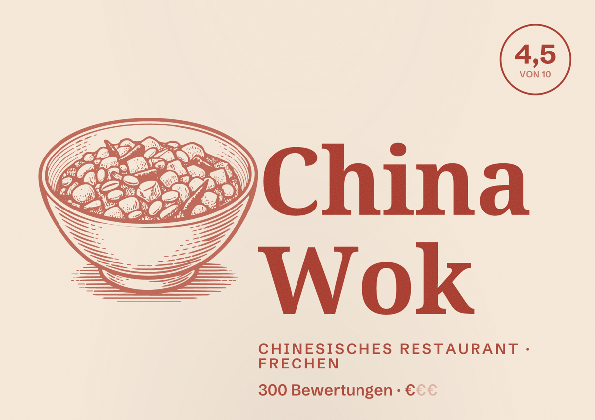Illustriertes Poster von China Wok, Chinesisches Restaurant in Frechen: Bewertung 4,5 von 10 aus 300 Bewertungen, Preisniveau €