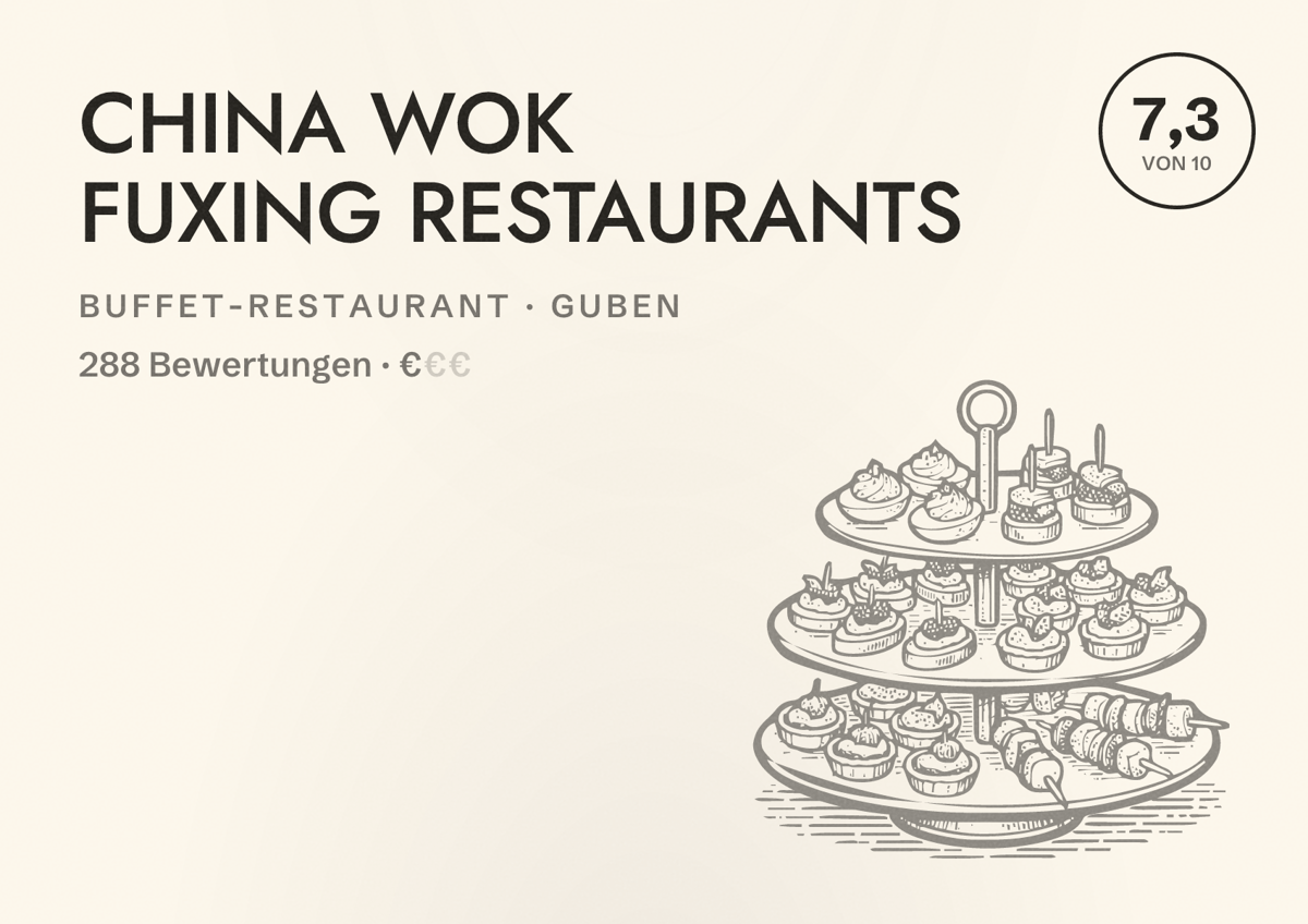Illustriertes Poster von CHINA WOK FUXING RESTAURANTS, Buffet-Restaurant in Guben: Bewertung 7,3 von 10 aus 288 Bewertungen, Preisniveau €