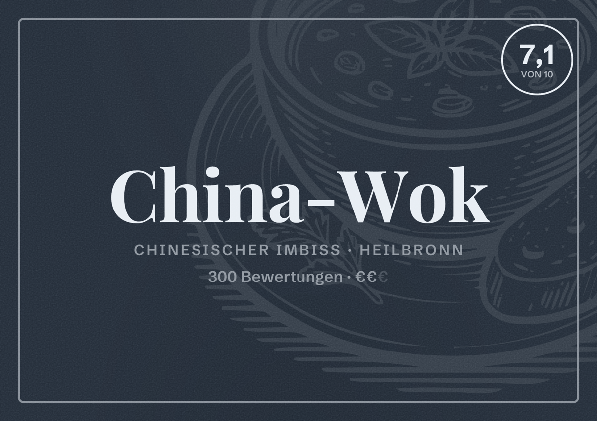 Illustriertes Poster von China-Wok, Chinesischer Imbiss in Heilbronn: Bewertung 7,1 von 10 aus 300 Bewertungen, Preisniveau €€