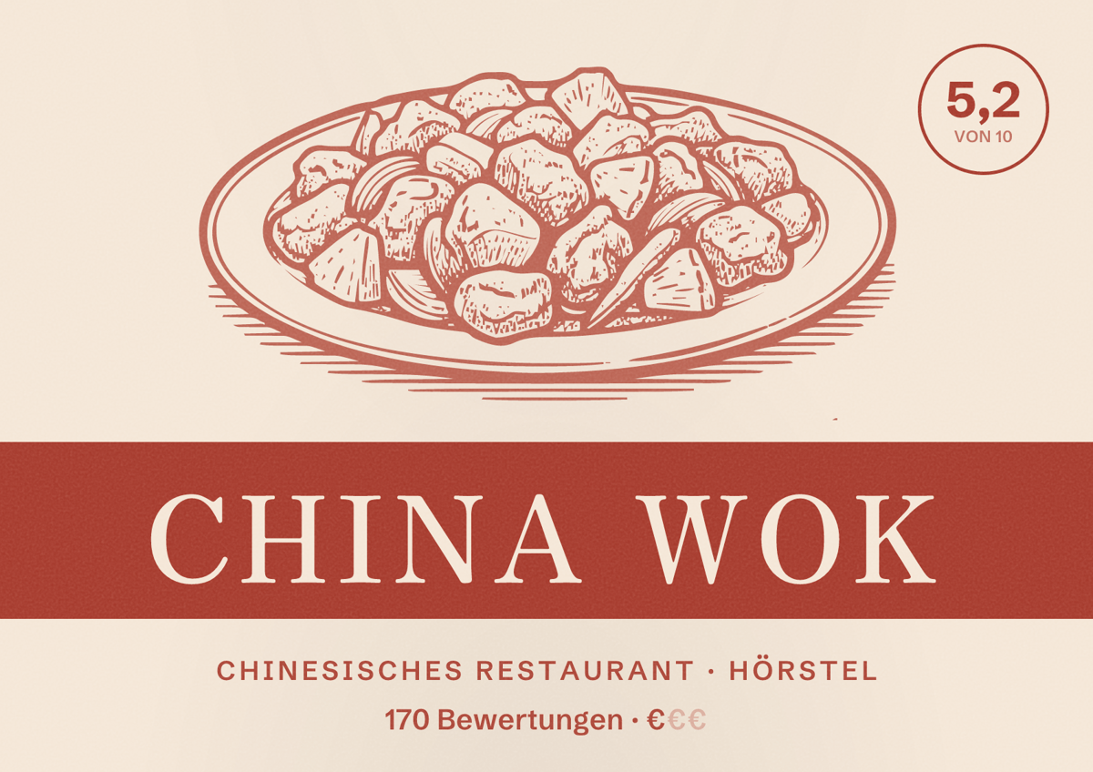 Illustriertes Poster von China Wok, Chinesisches Restaurant in Hörstel: Bewertung 5,2 von 10 aus 170 Bewertungen, Preisniveau €