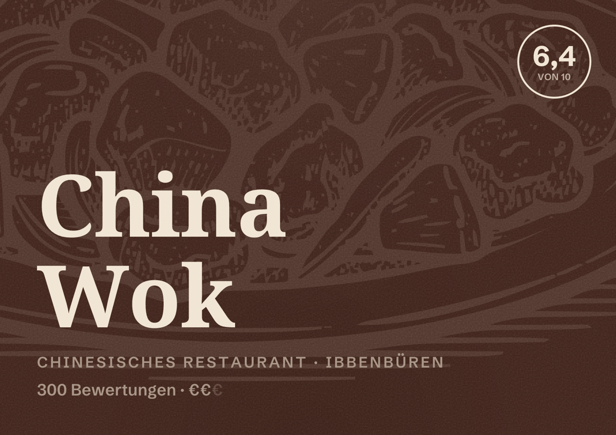 Illustriertes Poster von China Wok, Chinesisches Restaurant in Ibbenbüren: Bewertung 6,4 von 10 aus 300 Bewertungen, Preisniveau €€
