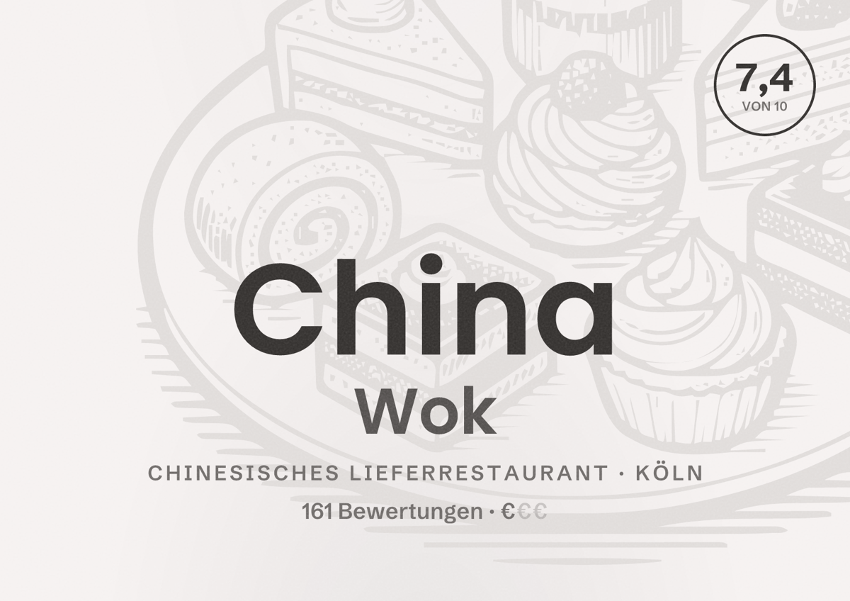 Illustriertes Poster von China Wok, Chinesisches Lieferrestaurant in Köln: Bewertung 7,4 von 10 aus 161 Bewertungen, Preisniveau €