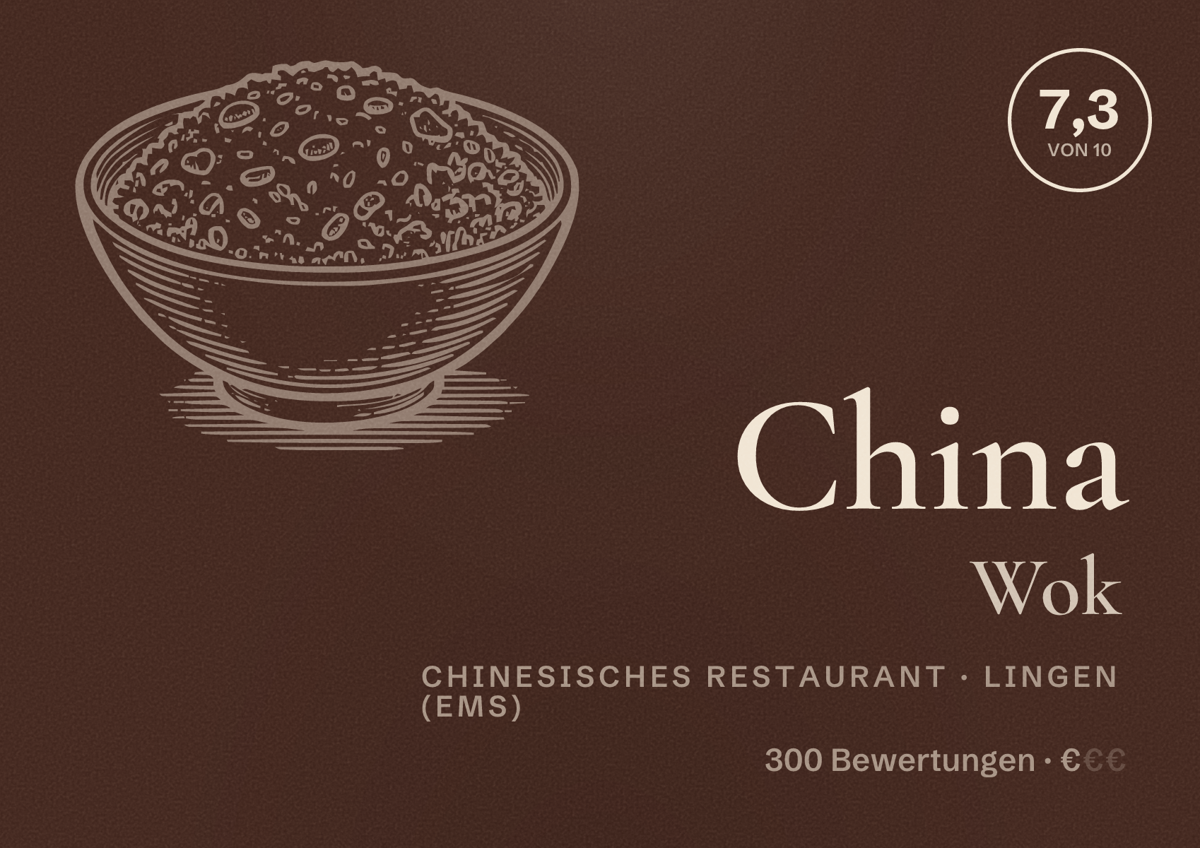 Illustriertes Poster von China Wok, Chinesisches Restaurant in Lingen (Ems): Bewertung 7,3 von 10 aus 300 Bewertungen, Preisniveau €