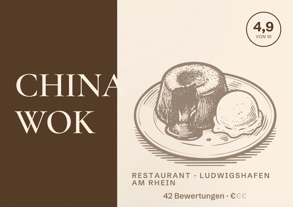 Illustriertes Poster von CHINA WOK, Restaurant in Ludwigshafen am Rhein: Bewertung 4,9 von 10 aus 42 Bewertungen, Preisniveau €