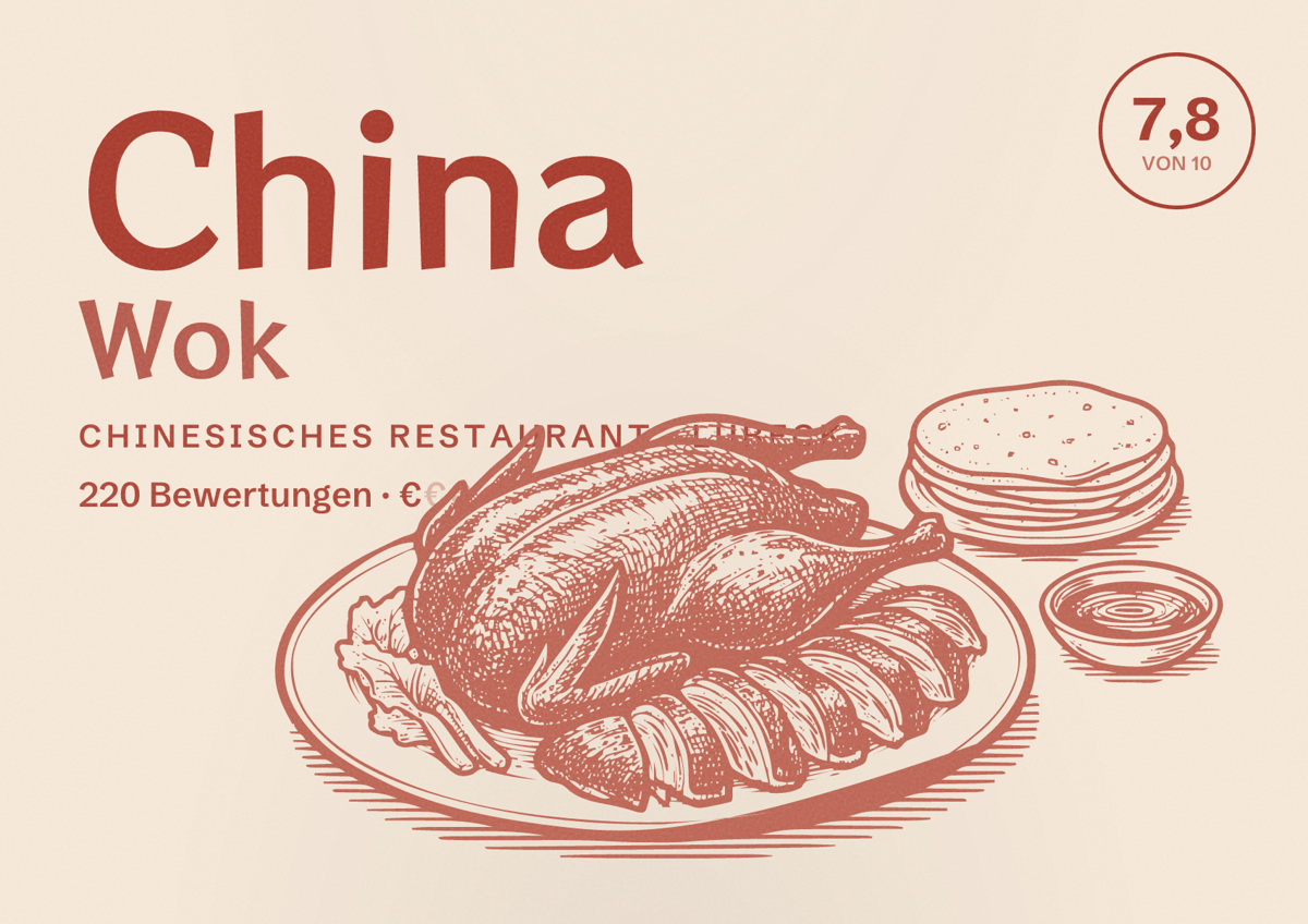Illustriertes Poster von China Wok, Chinesisches Restaurant in Lübeck: Bewertung 7,8 von 10 aus 220 Bewertungen, Preisniveau €