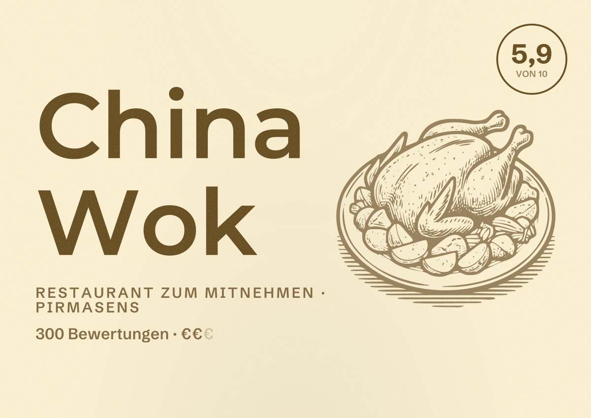 Illustriertes Poster von China Wok, Restaurant zum Mitnehmen in Pirmasens: Bewertung 5,9 von 10 aus 300 Bewertungen, Preisniveau €€