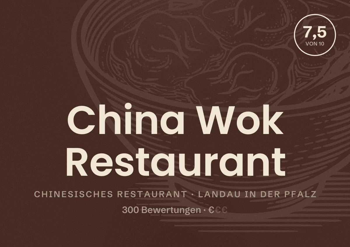 Illustriertes Poster von China Wok Restaurant, Chinesisches Restaurant in Landau in der Pfalz: Bewertung 7,5 von 10 aus 300 Bewertungen, Preisniveau €
