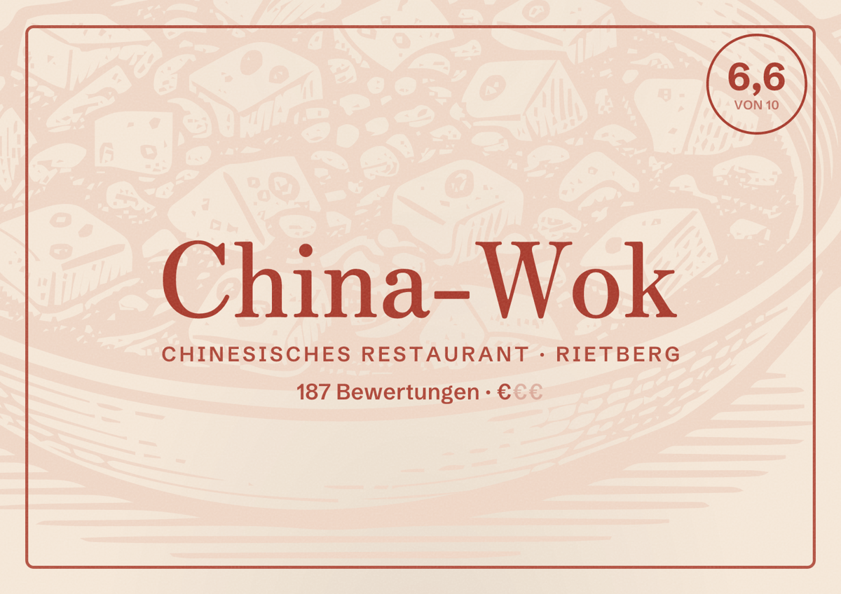 Illustriertes Poster von China-Wok, Chinesisches Restaurant in Rietberg: Bewertung 6,6 von 10 aus 187 Bewertungen, Preisniveau €