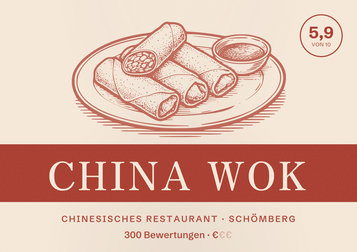 Illustriertes Poster von China Wok, Chinesisches Restaurant in Schömberg: Bewertung 5,9 von 10 aus 300 Bewertungen, Preisniveau €