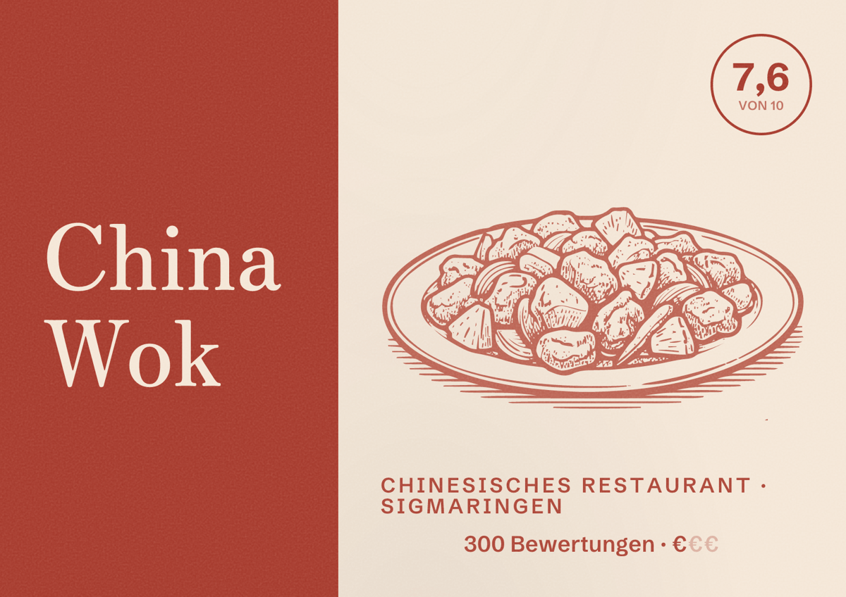 Illustriertes Poster von China Wok, Chinesisches Restaurant in Sigmaringen: Bewertung 7,6 von 10 aus 300 Bewertungen, Preisniveau €