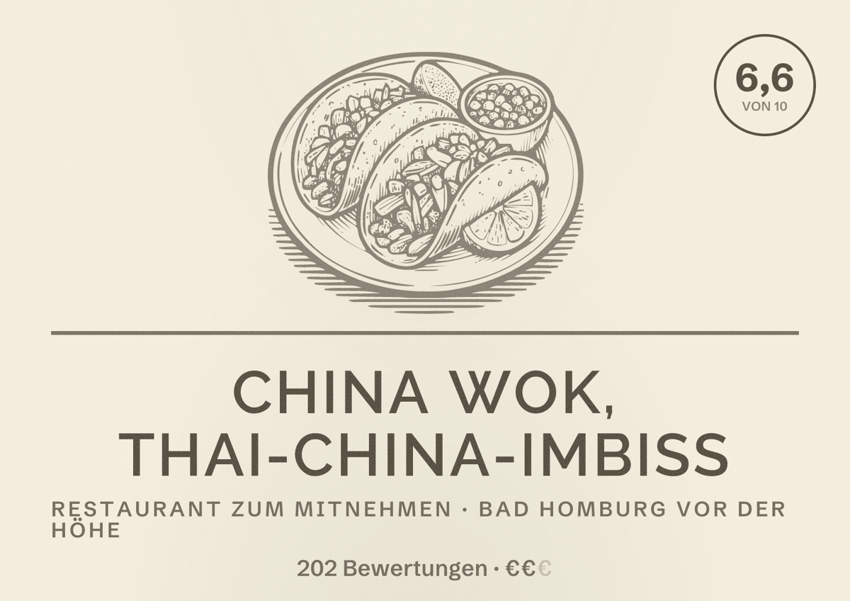 Illustriertes Poster von China Wok, Thai-China-Imbiss, Restaurant zum Mitnehmen in Bad Homburg vor der Höhe: Bewertung 6,6 von 10 aus 202 Bewertungen, Preisniveau €€