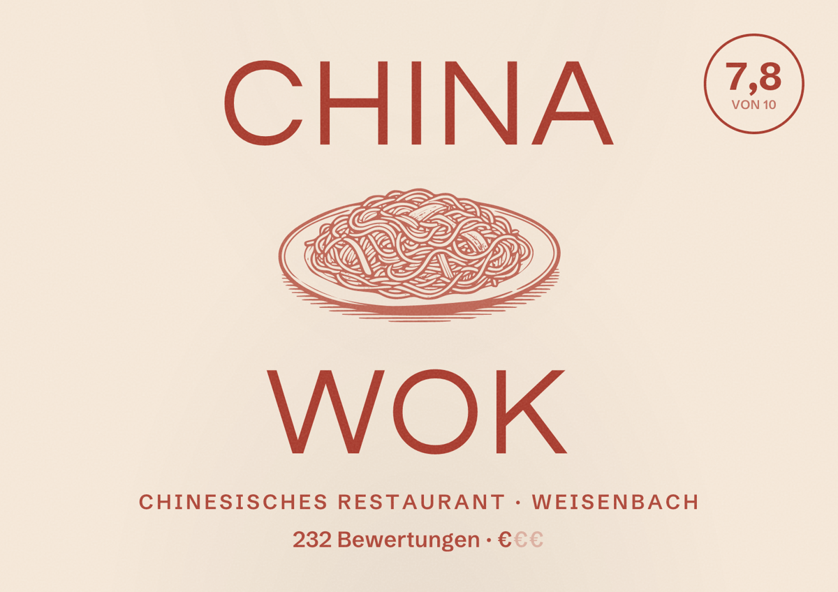 Illustriertes Poster von China Wok, Chinesisches Restaurant in Weisenbach: Bewertung 7,8 von 10 aus 232 Bewertungen, Preisniveau €
