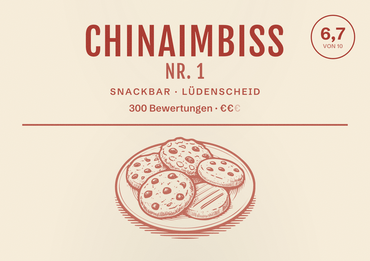Illustriertes Poster von Chinaimbiss Nr. 1, Snackbar in Lüdenscheid: Bewertung 6,7 von 10 aus 300 Bewertungen, Preisniveau €€