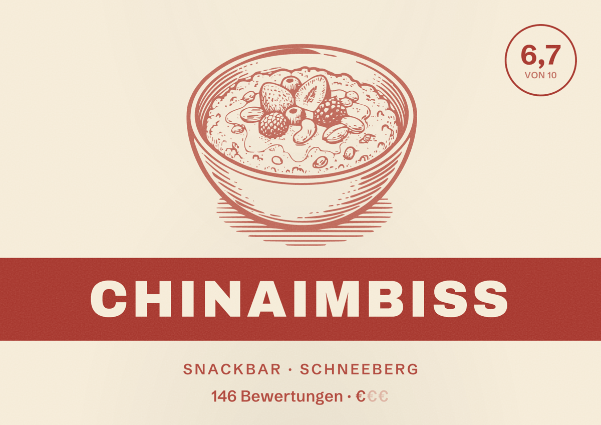 Illustriertes Poster von Chinaimbiss, Snackbar in Schneeberg: Bewertung 6,7 von 10 aus 146 Bewertungen, Preisniveau €