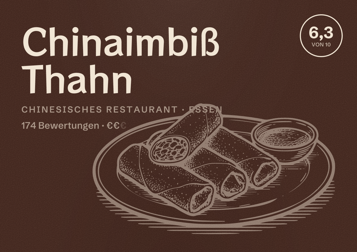 Illustriertes Poster von Chinaimbiß Thahn, Chinesisches Restaurant in Essen: Bewertung 6,3 von 10 aus 174 Bewertungen, Preisniveau €€