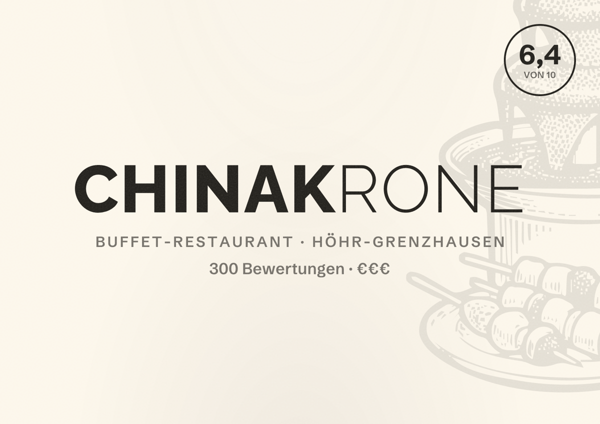 Illustriertes Poster von Chinakrone, Buffet-Restaurant in Höhr-Grenzhausen: Bewertung 6,4 von 10 aus 300 Bewertungen, Preisniveau €€€