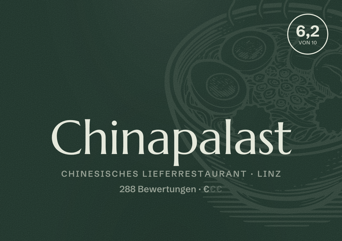 Illustriertes Poster von Chinapalast, Chinesisches Lieferrestaurant in Linz: Bewertung 6,2 von 10 aus 288 Bewertungen, Preisniveau €