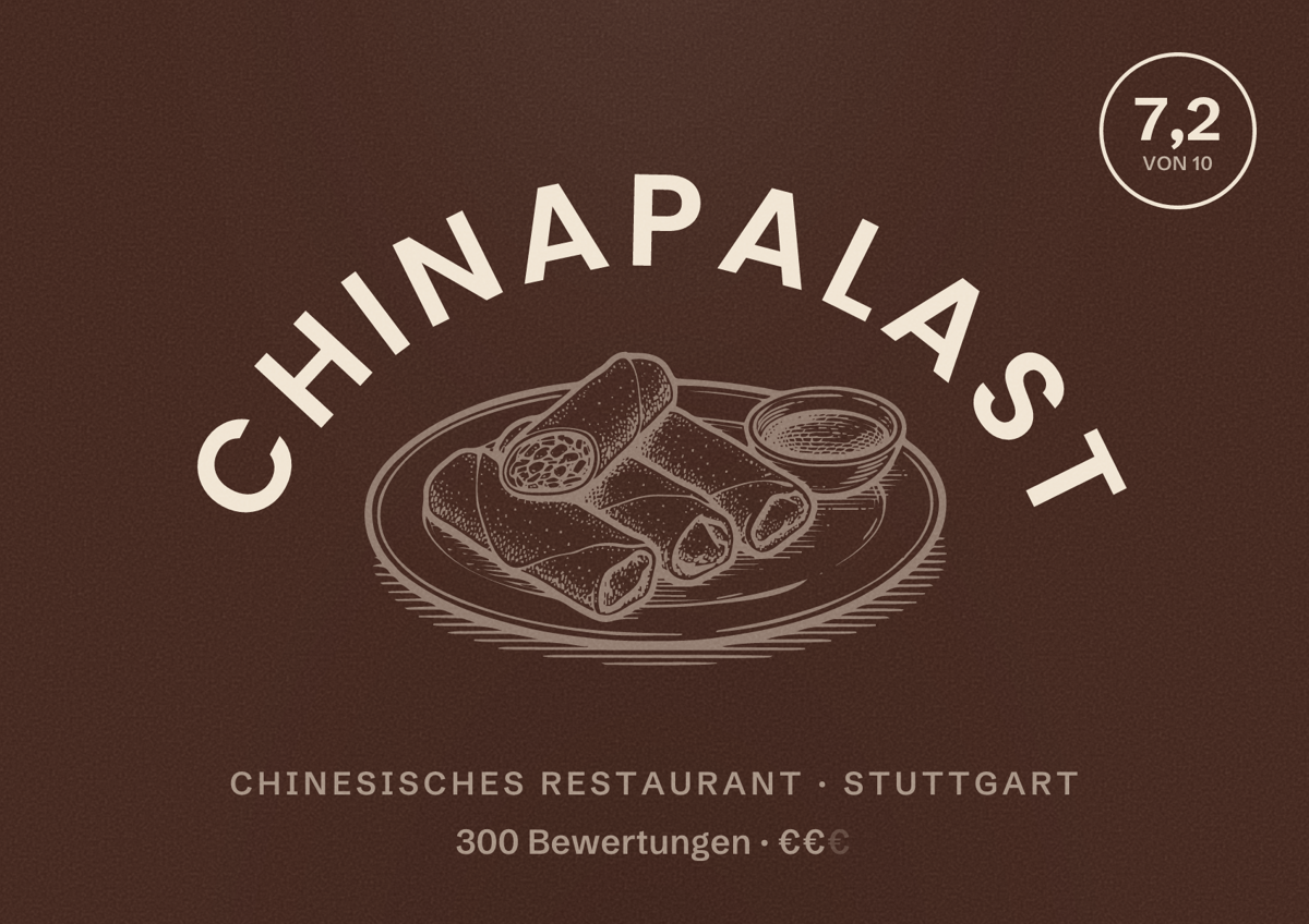 Illustriertes Poster von Chinapalast, Chinesisches Restaurant in Stuttgart: Bewertung 7,2 von 10 aus 300 Bewertungen, Preisniveau €€