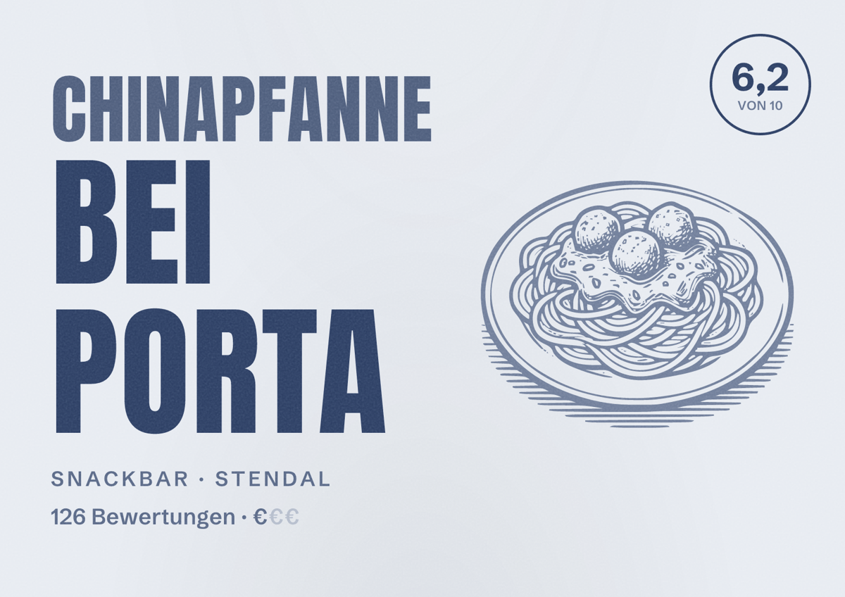 Illustriertes Poster von Chinapfanne bei Porta, Snackbar in Stendal: Bewertung 6,2 von 10 aus 126 Bewertungen, Preisniveau €
