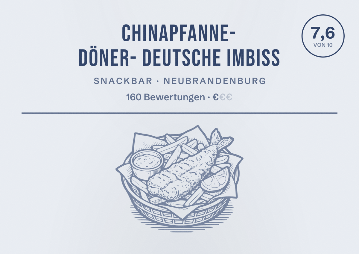 Illustriertes Poster von Chinapfanne- Döner- Deutsche Imbiss, Snackbar in Neubrandenburg: Bewertung 7,6 von 10 aus 160 Bewertungen, Preisniveau €
