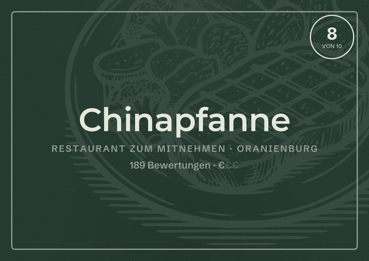 Illustriertes Poster von Chinapfanne, Restaurant zum Mitnehmen in Oranienburg: Bewertung 8 von 10 aus 189 Bewertungen, Preisniveau €