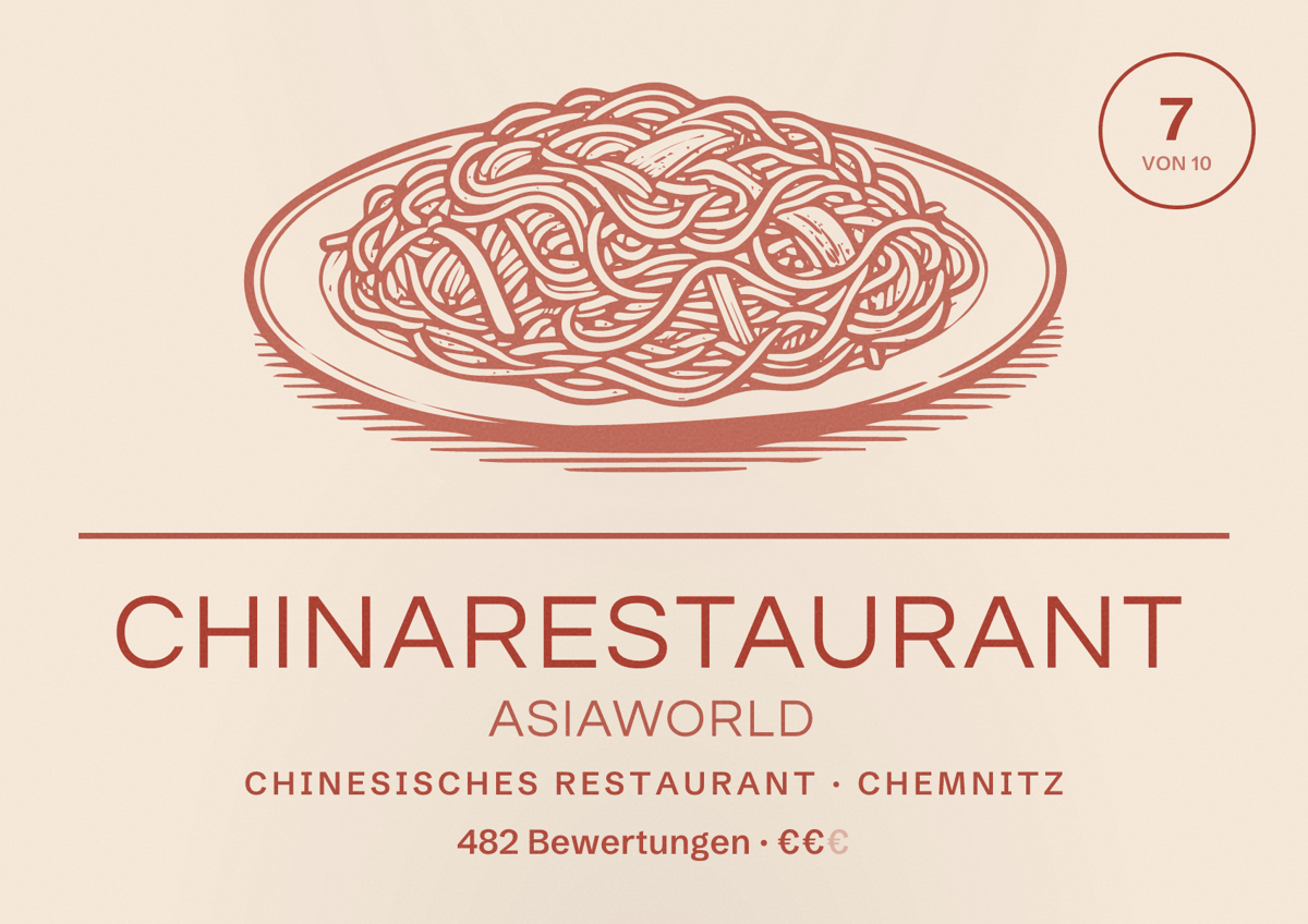 Illustriertes Poster von Chinarestaurant Asiaworld, Chinesisches Restaurant in Chemnitz: Bewertung 7 von 10 aus 482 Bewertungen, Preisniveau €€